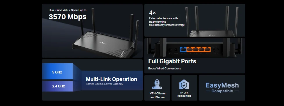 TP-Link Archer BE220 BE3600 Dual-Band Wi-Fi 7 Router