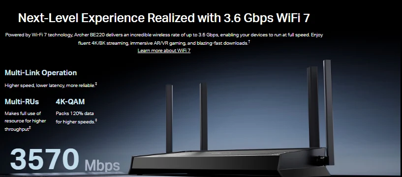 TP-Link Archer BE220 BE3600 Dual-Band Wi-Fi 7 Router